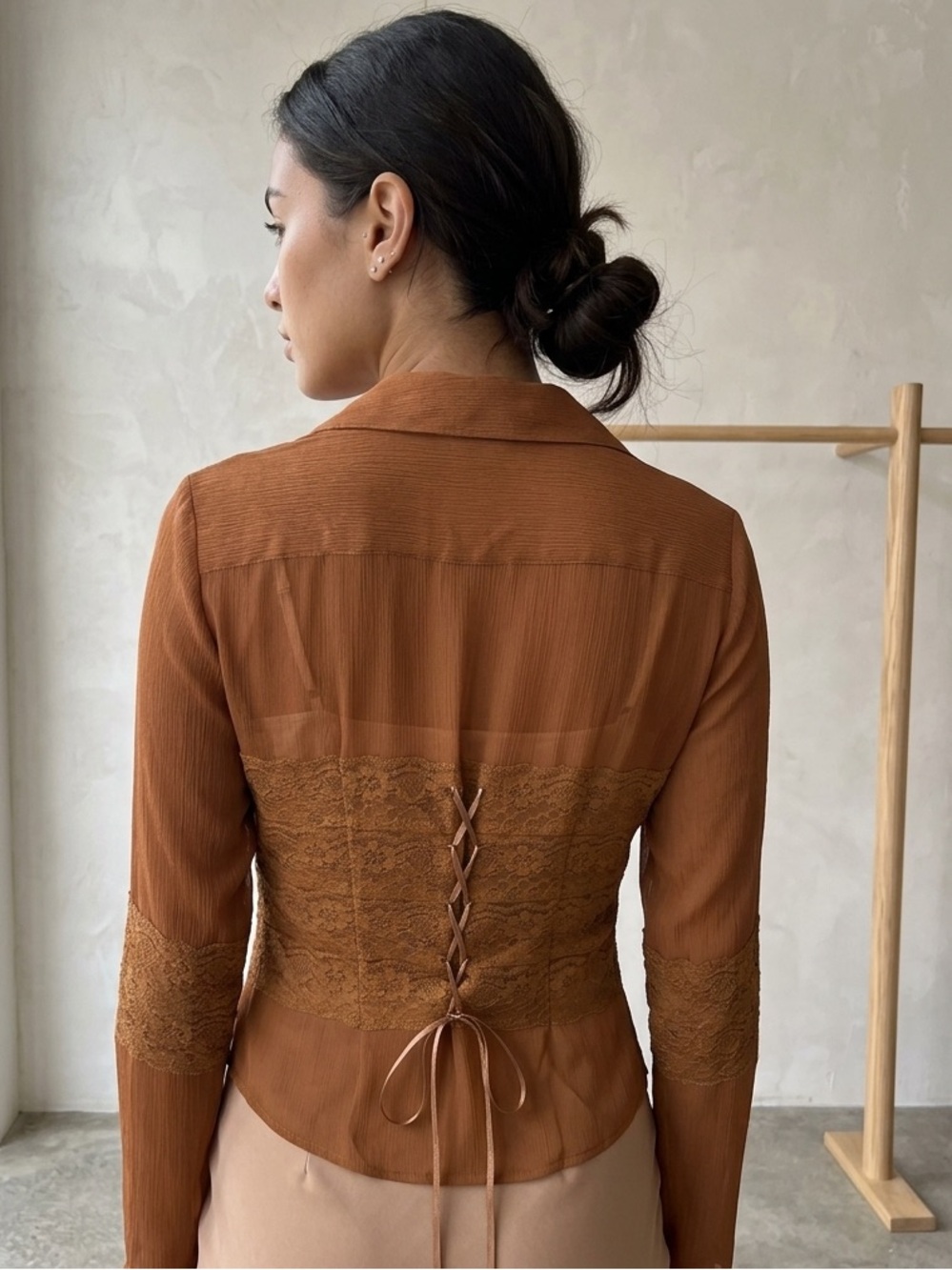 Vintage Boho Western Corset Lace Up Sheer Mesh Blouse Rust Med